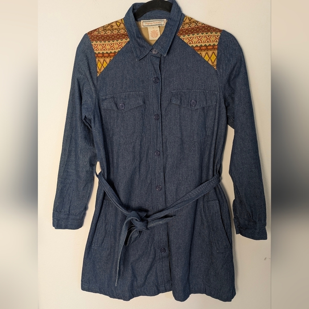Women's Flying Tomato Small Denim Mini Aztec Western Belted Pockets Shirt Dress